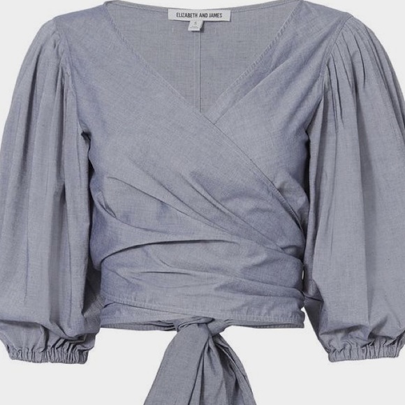 ELIZABETH AND JAMES FARRAH BLOUSON WRAP TOP CRISP STRETCH COTTON DENIM COLOR XS - Picture 3 of 12